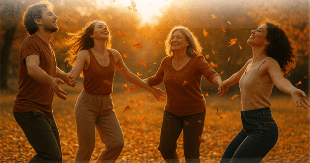 Grupo de personas en el campo haciendo movimientos en círculo, ilustrando la Biodanza como sistema de integración humana y reeducación afectiva.