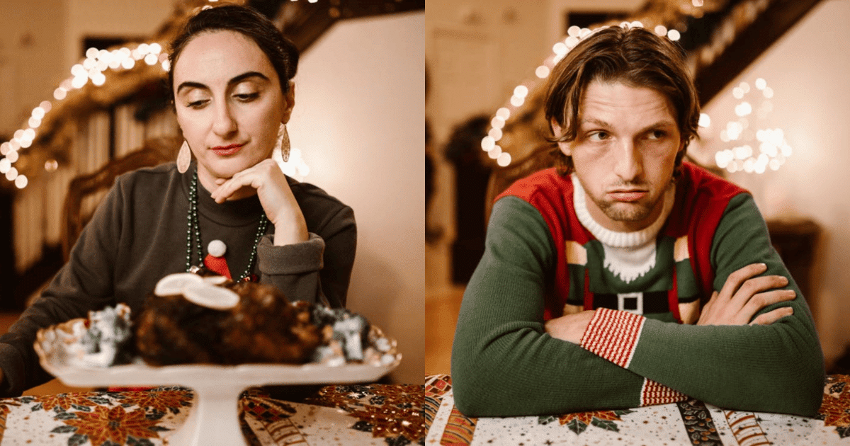 Imagen partida de una mujer y un hombre con expresiones tristes en un entorno navideño, ilustrando la nostalgia y soledad de las festividades navideñas.